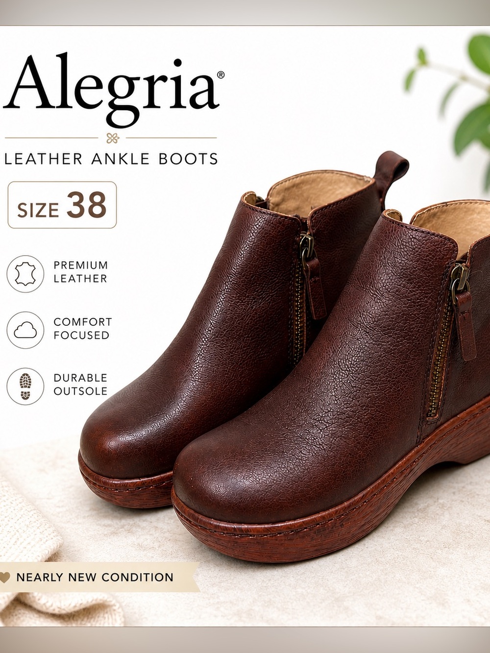 Alegria Oak 6311 Leather Ankle Boots EU 38 Brown Comfort Wedge - Picture 2 of 14